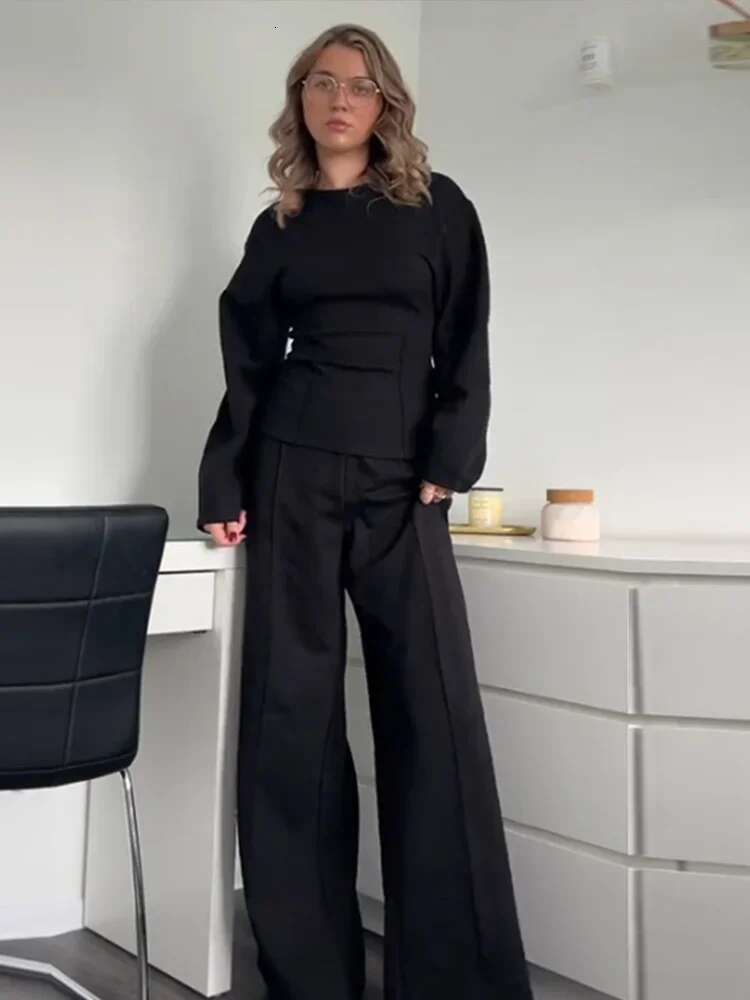 Fashion Solid Pant Set For Women Casual O Neck Long Puff Sleeve Pullover Wide Leg Trousers Suit Female Commuter 2Pcs Outfit