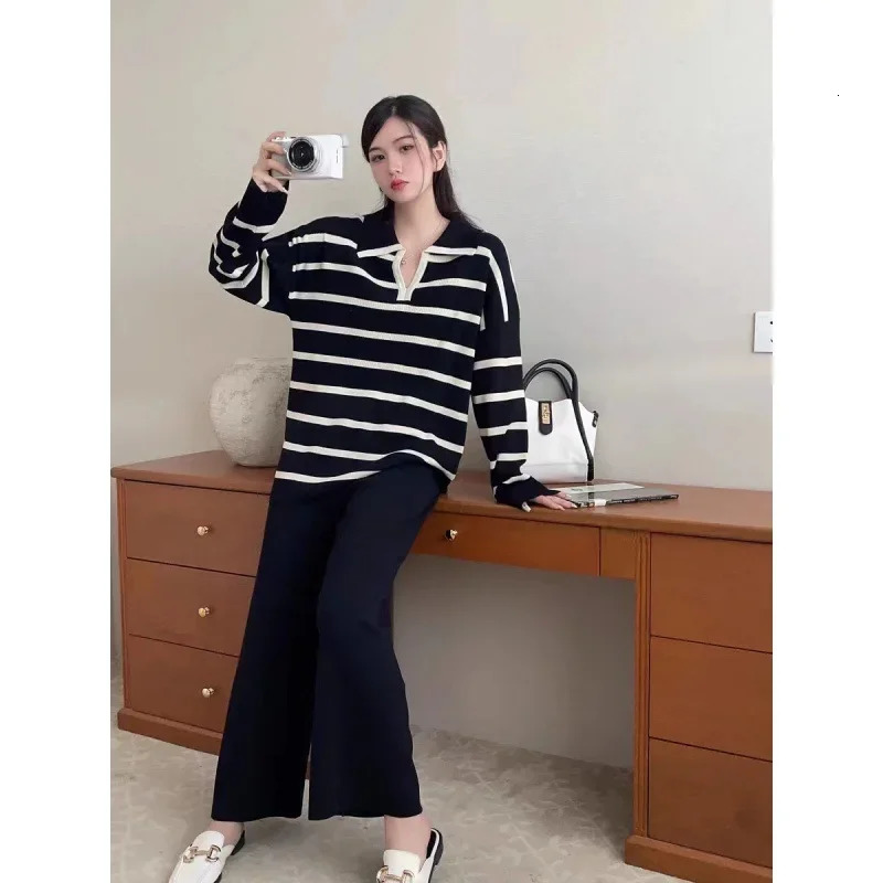 Arrival Korean Style Color Blocking Striped VNeck Niche n Knit Top HighWaisted Bell Bottoms 2Piece Set 250318