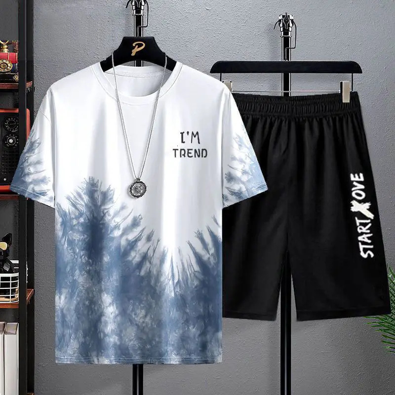 Summer mens casual suit thin quick drying round neck short sleeved Tshirt youth home wear sports twopiece set 250326