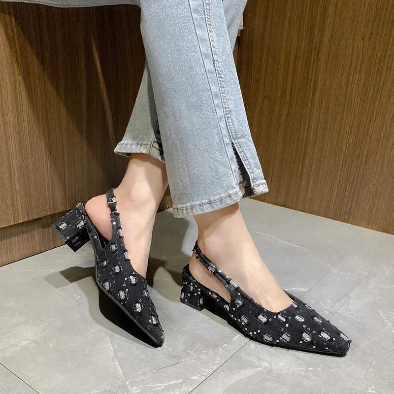 Wen Sea Salt Blue Pointed High Heel Shoes Summer Wan Back Hollow Half ed Single Pumps Fashion Versatile Casual Sandals Z250326