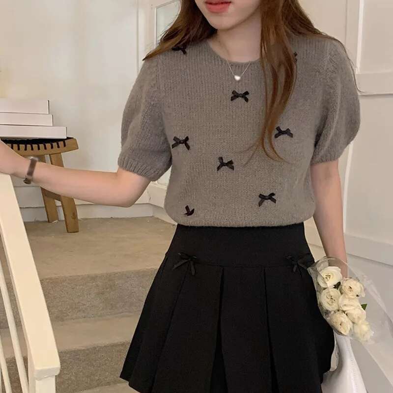 Ddmyshoesvip Sweater Short Sleeve Casual Lady Round Neck Loose Fit Top Women S Knitted Bowknot T Shirt