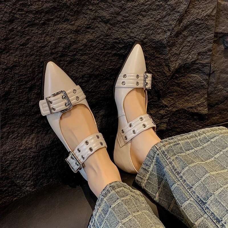 2025 Summer New Women's Genuine Leather Flat Shoes, Large Square Metal Designer Fashion Double Button Shoes, Punk Women's Shoes, Handmade