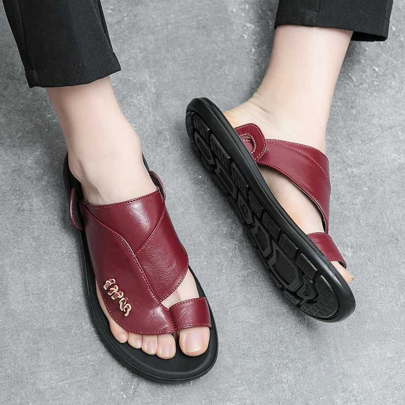 Retro red mens leather slider 2024 comfortable slip sandals mens summer leather flip outdoor sandalsXJ250326