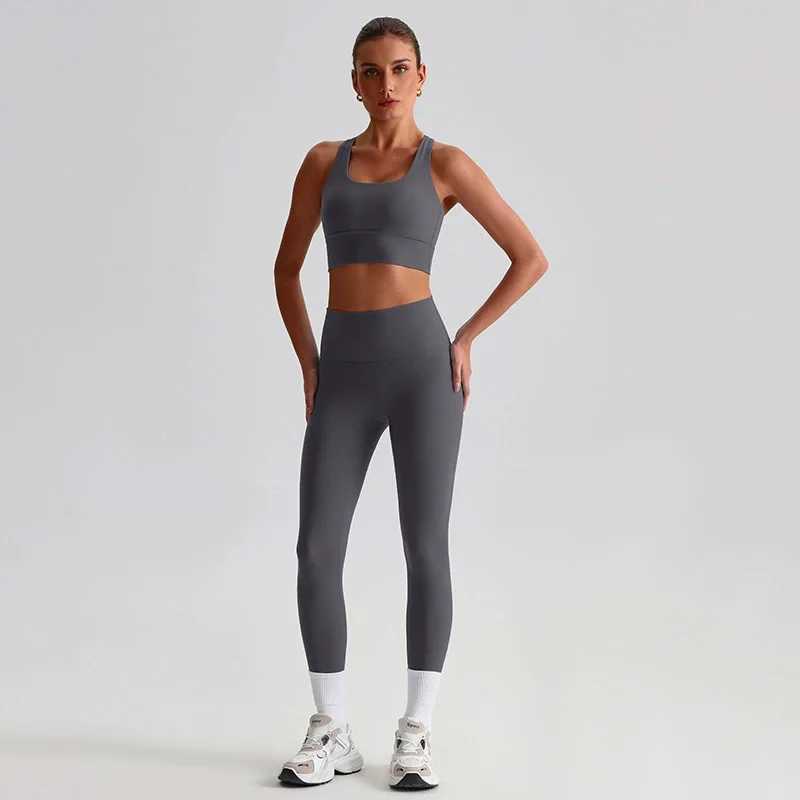 Naked feeling yoga set womens fitness sportswear 2-piece shoulder strap sports bra high waist gym leg exercise set activity suit W250326