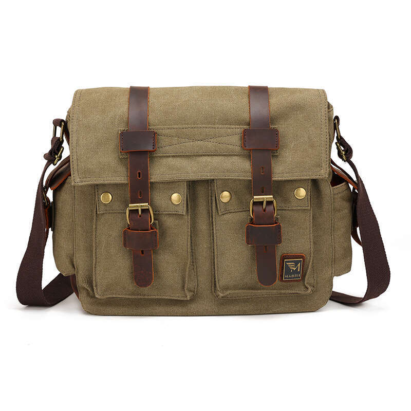 Wind canvas with crazy horse leather men's shoulder bag, unisex versatile casual bag