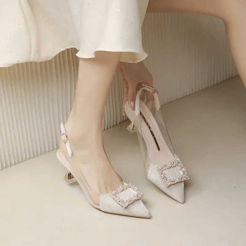 Wens Sandals 2024 Summer New Sle Fashion Shoes Black Satin Crystal Strass Poin Toe Transparent High H Z250326