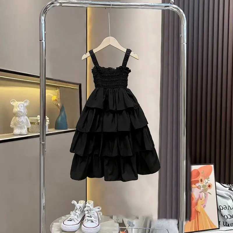 New summer teenage girls sling dress cotton pleated waist sleeveless childrens girls cake dress solid Versatile childrens girls dress W250326