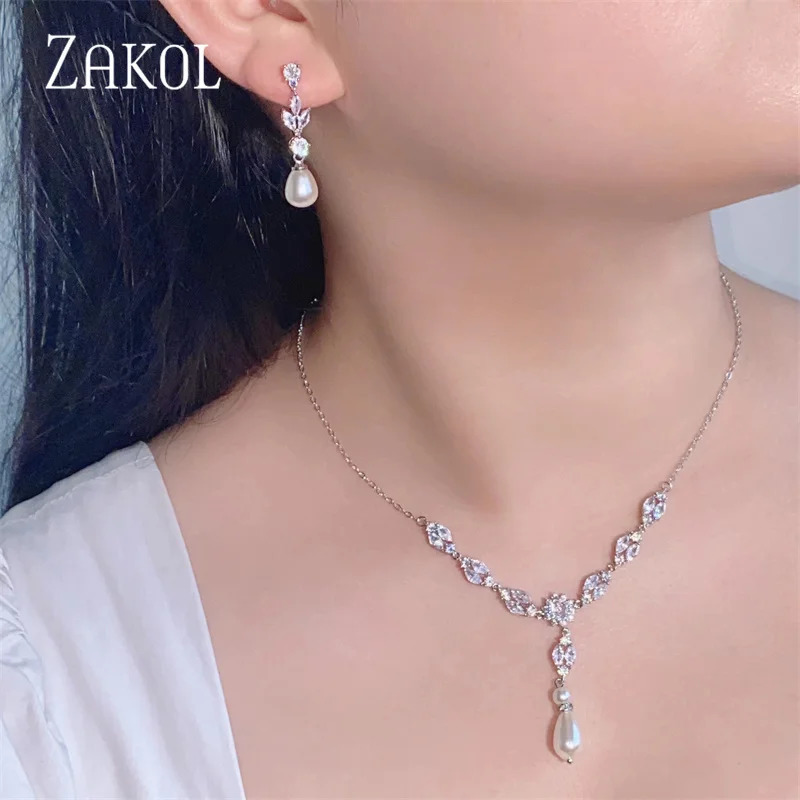 ZAKOL Pearl Bridal Jewelry Sets for Women Fashion Cubic Zirconia Earrings Necklace Set Bridal Wedding Accessories SP3367 250318