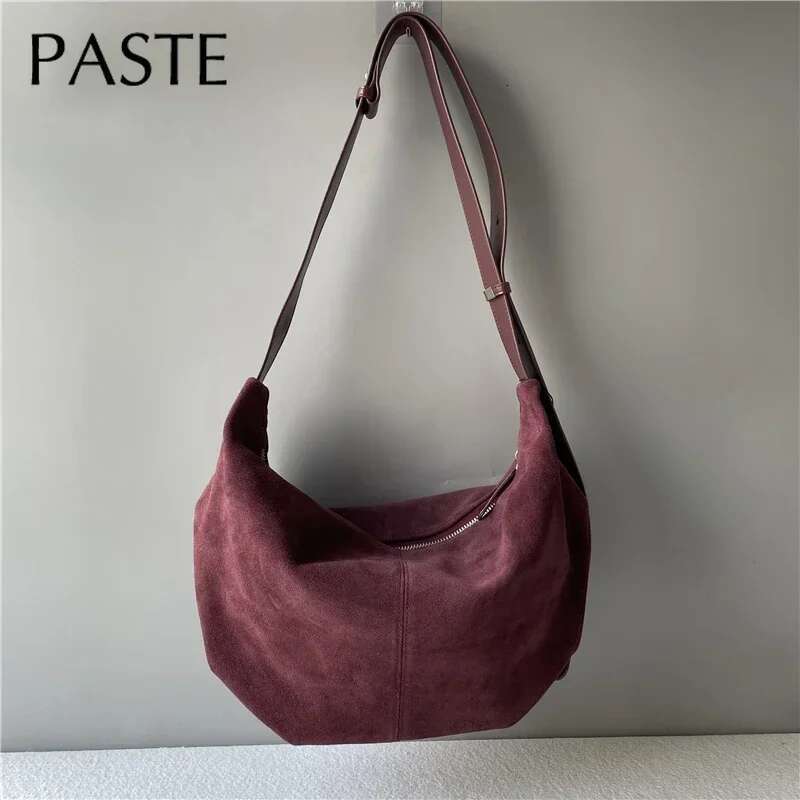 New 2025 Winter Russia Style Camel Deep Red Armpit Underarm Shoulder Matting Suede Cow Leather Female Crossbody Bag