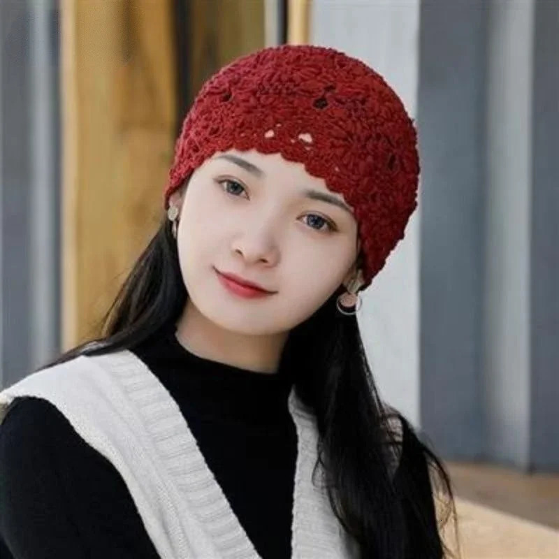 Spring Summer Thin Handmade Female Crochet Hat Hook Flower Knitted Hollow Breathable Ladies Cap Women Beanies 250321
