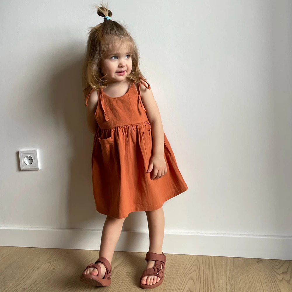 Kids Girls Summer Cotton Princess Dress Linen Suspenders Casual Cute Toddler Costume Leisure Children Girls Retro Dress 250326
