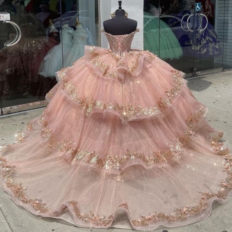 Pink Shiny Quinceanera Dresses Beaded Crystal Sequin Gold Applique Lace Sweet 16 Princess Party Formal Birthday Dress Ball Gowns Vestidos De 15 anos