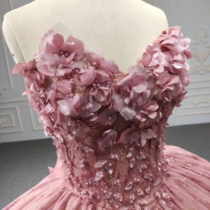Pink Shiny Sweetheart Quinceanera Dresses Ball Gown 3D Flower Lace Appliques Beading Tull Birhtday Party Dress Lace Up Sweet 16 Dress Vestidos De 15 A