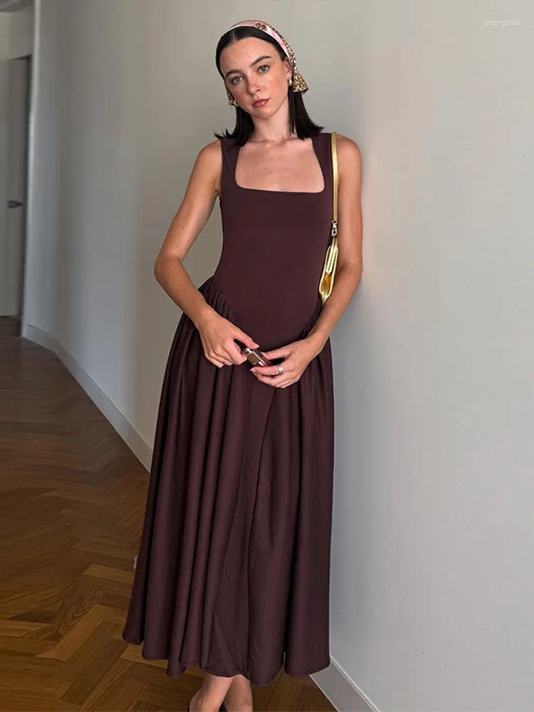 Casual Dresses Elegant A Line Long Dress Women Loose Square Neck Sleeveless Robe Female 2025 Spring Summer Fashion Solid High Waist
