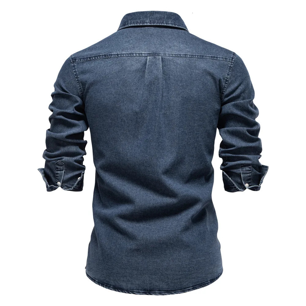 2025 mens denim shirt cotton casual long sleeved highquality patched workwear elastic 250326