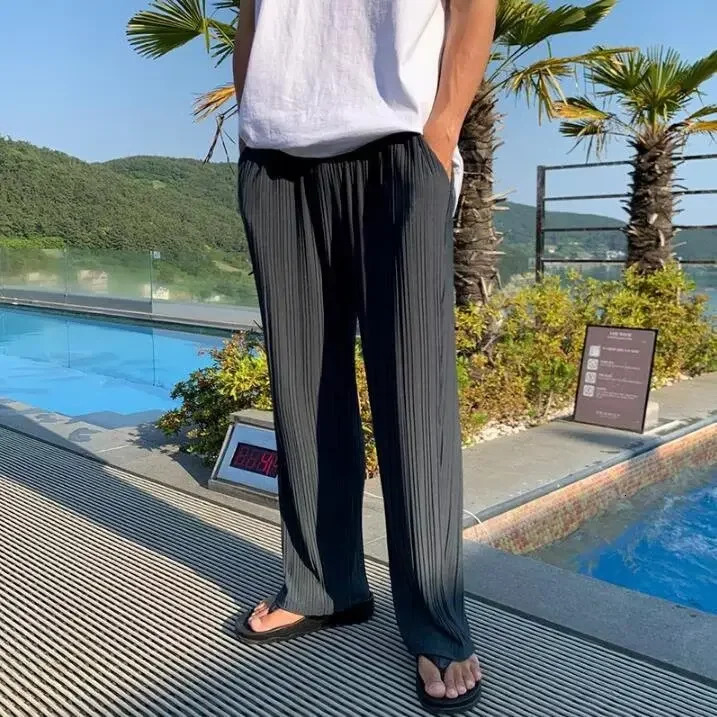 Mens Summer Loose-fit Straight-leg Ice Silk Casual Pants High-end Feel Trendy Draped Nine-point Casual Trousers 250325