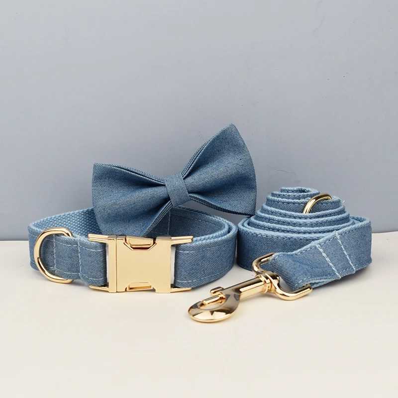 High quality custom design blue denim soft cotton pet accessories personalized dog collar belt safety bow set X250326