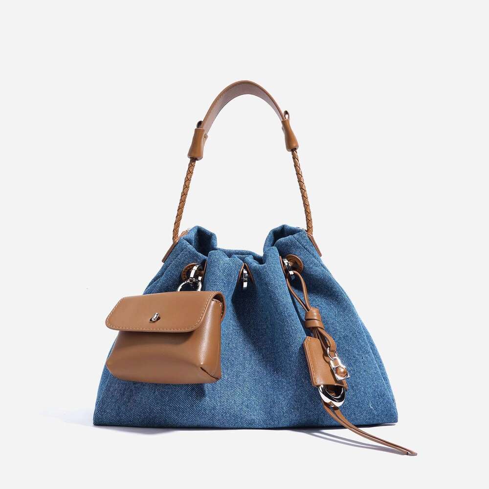 Women's Bags New Niche Design Denim With Genuine Leather Cloud Fashionable And Versatile Bucket Bag, Hand-Held Crossbody Bag For Women