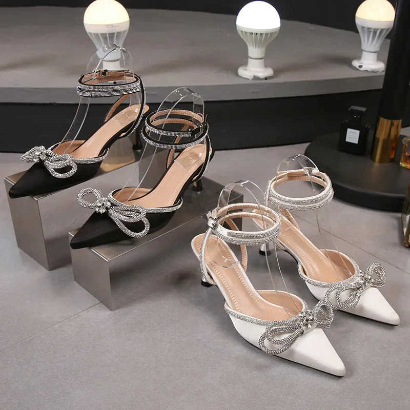 Black/White Glitter Rhinestone Wen Pumps Crystal Bowknot Summer Ladies Sandals Shoes 7CM High H Par Pr Wedding Shoes Z250326