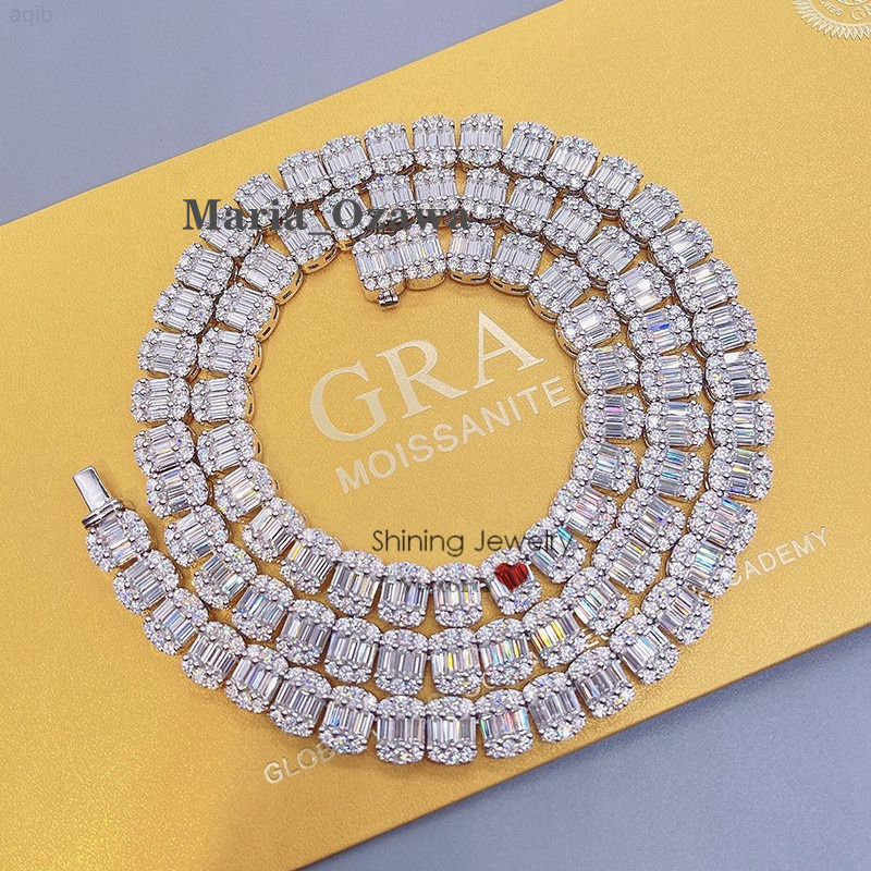 Real 925 Sterling Silver 9mm Tennis Chain Baguette Diamond Necklace