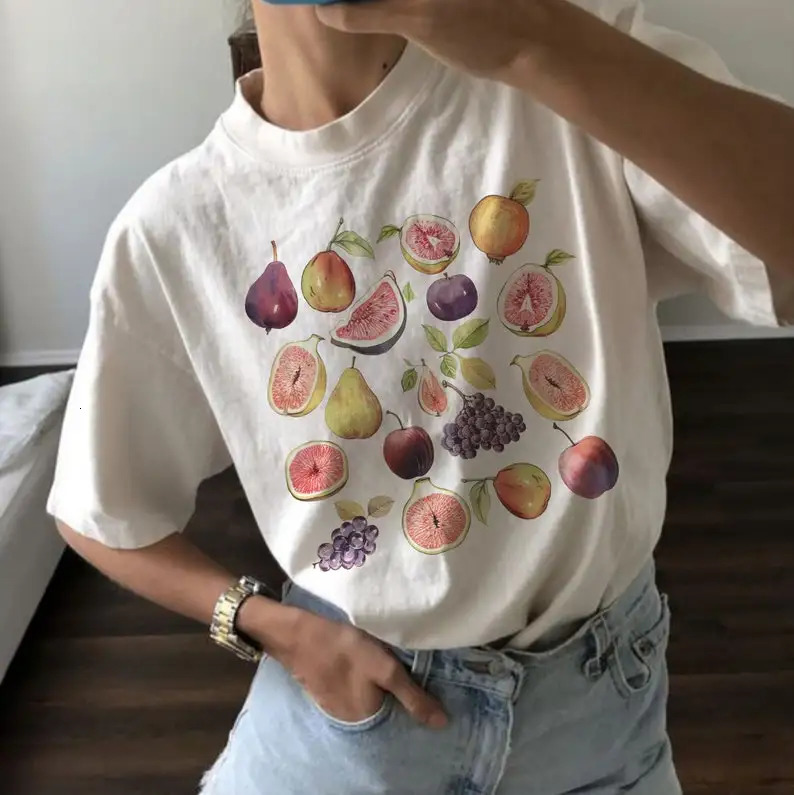 Korean T-shirt womens fig fruit graphic shirt retro TShirt graphic summer high-quality cotton Ropa unprinted good product 250321