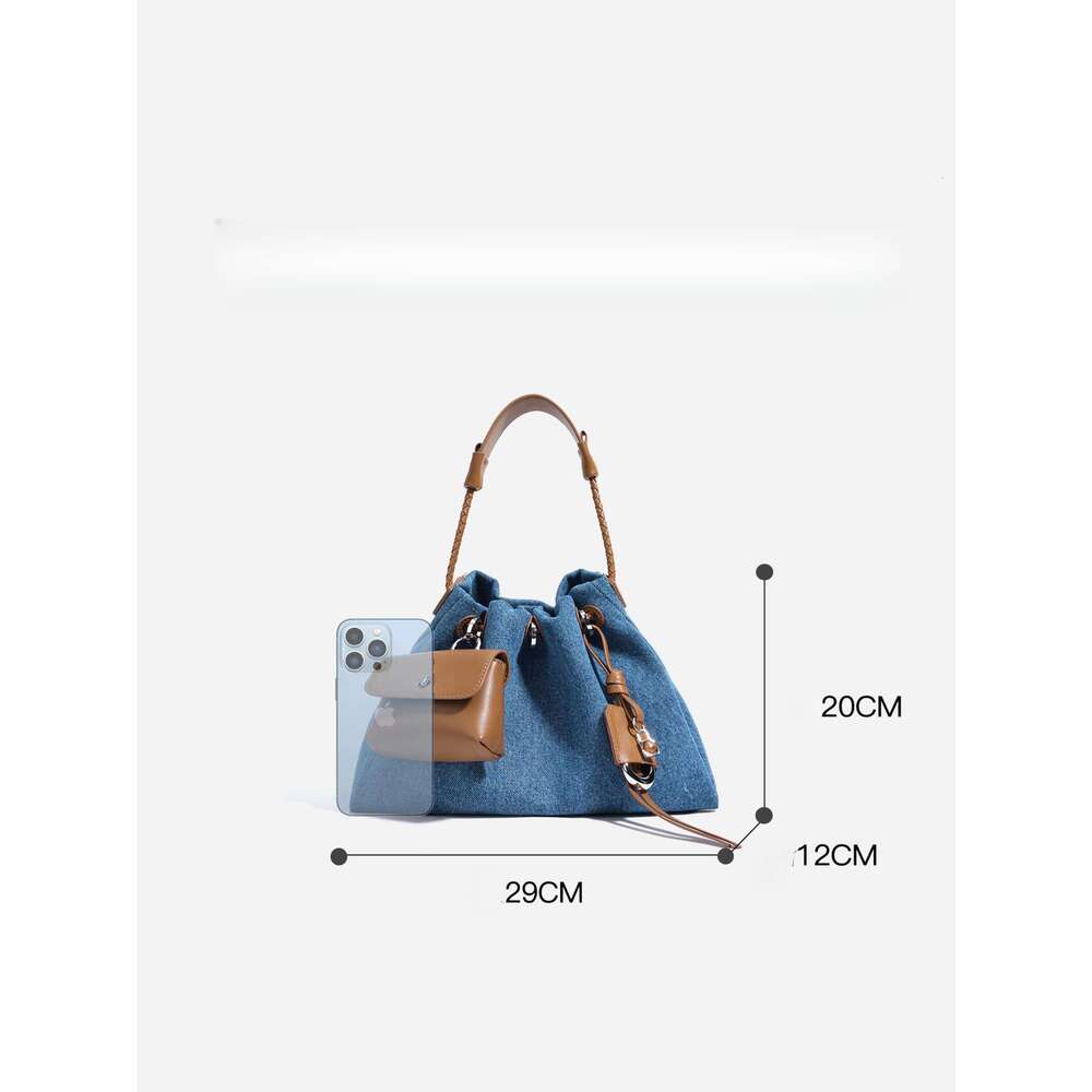Women's Bags New Niche Design Denim With Genuine Leather Cloud Fashionable And Versatile Bucket Bag, Hand-Held Crossbody Bag For Women