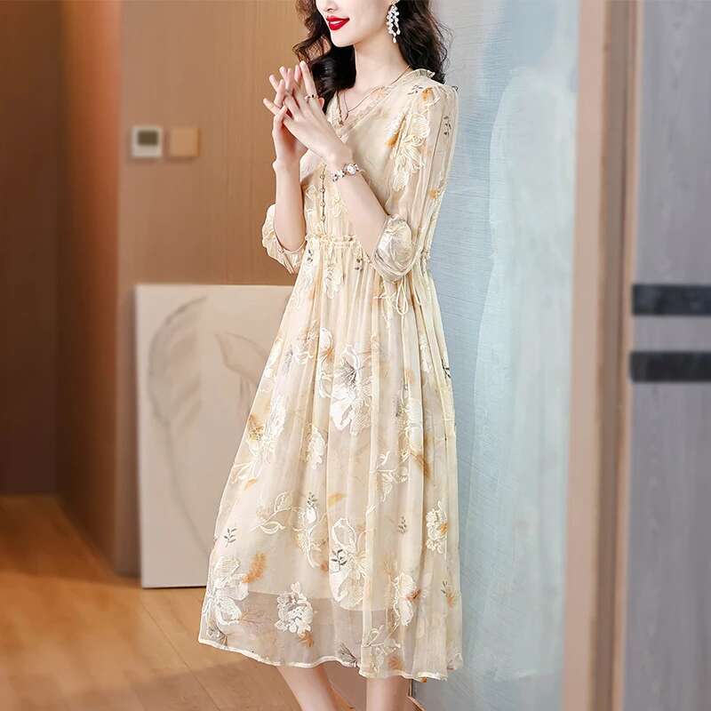 2024 Summer High end Mulberry V-neck Embroidered with Silk Charm Medium to Light A-e Long Dress