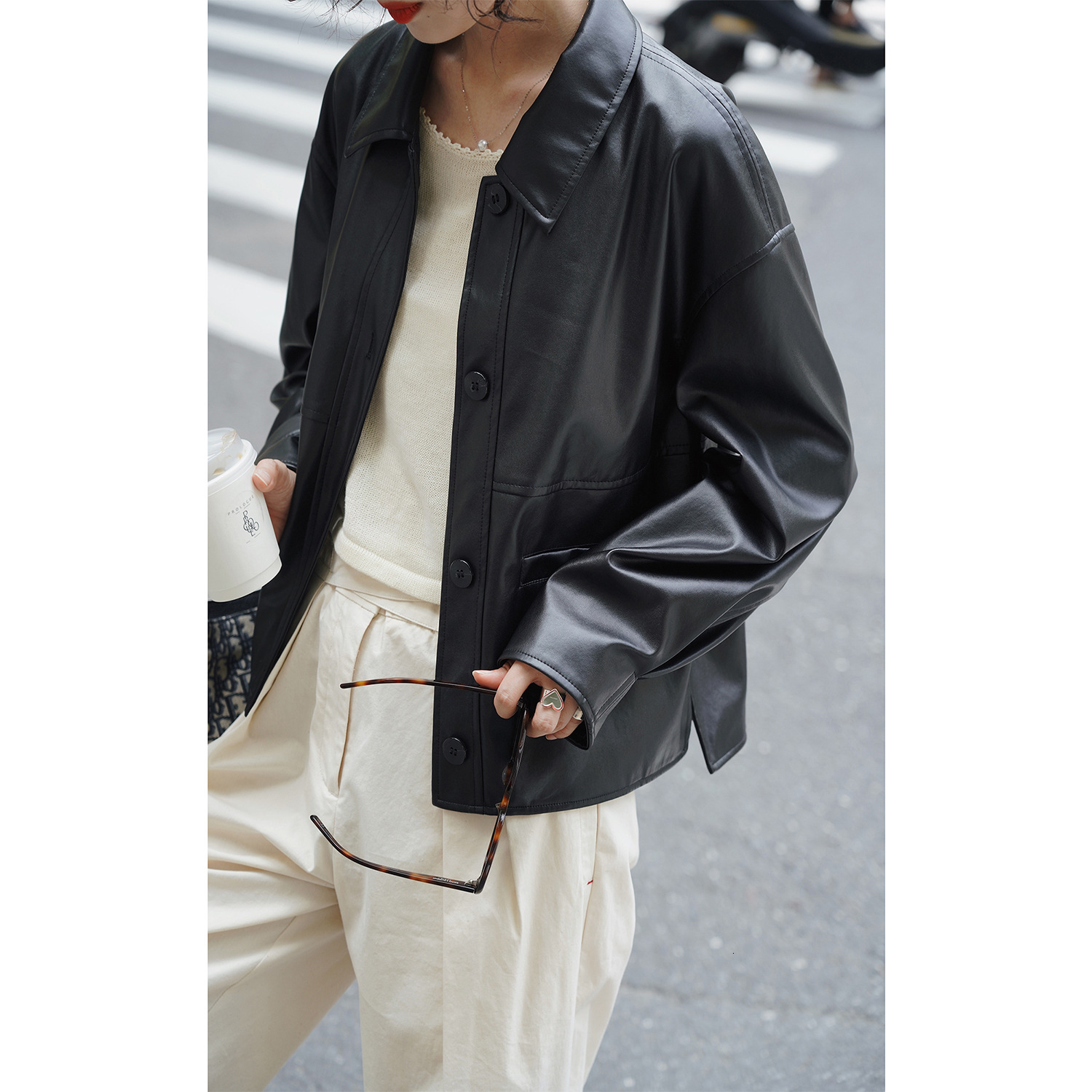 Spring New Black Women, Loose Short, Small, Leather Jacket for Women in the 'White Painting Workshop'
