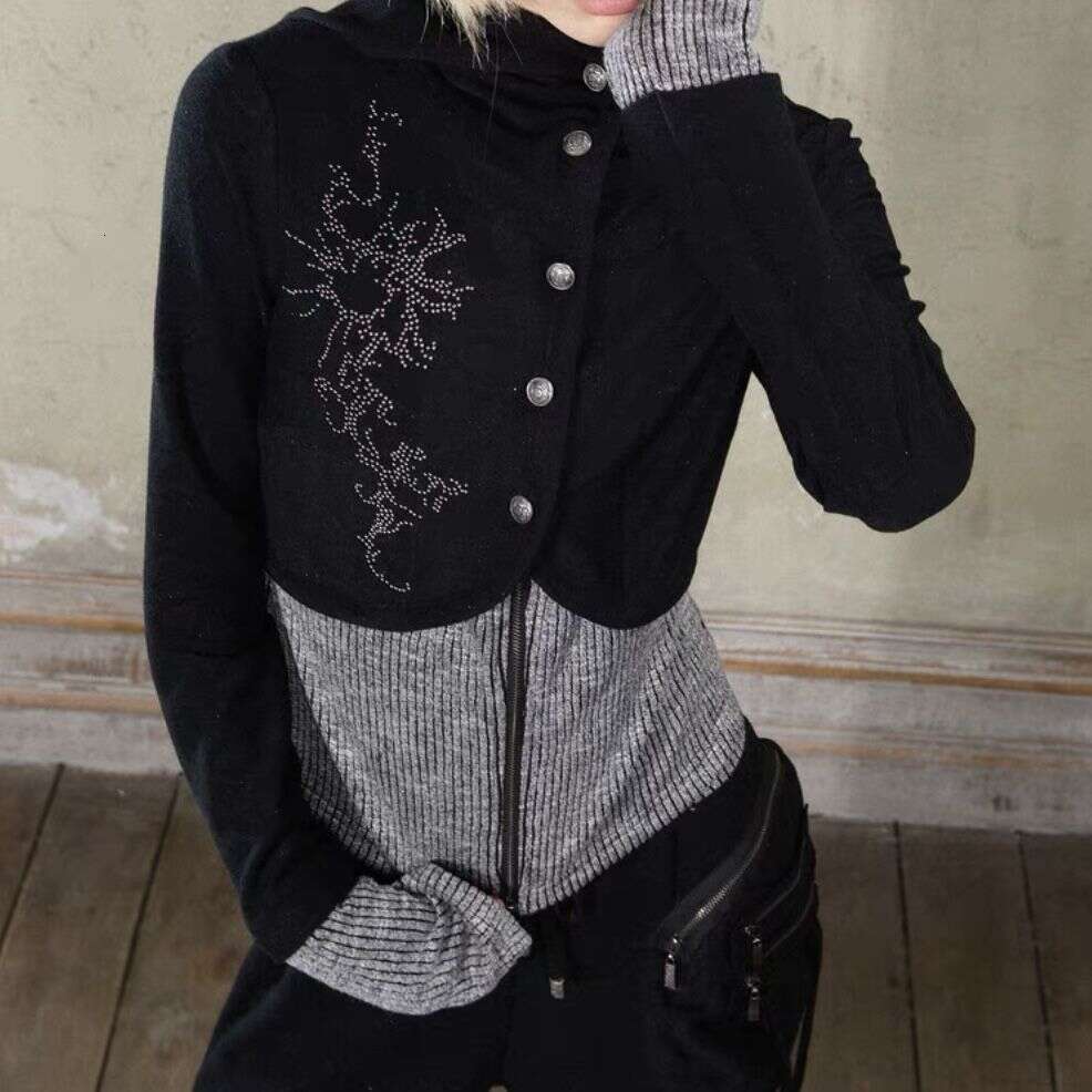 Autumn New Hooded Autumn Knitted Y2k Top Niche Punk Slim Fit Cardigan Long Sleeved Patchwork Sweatshirt