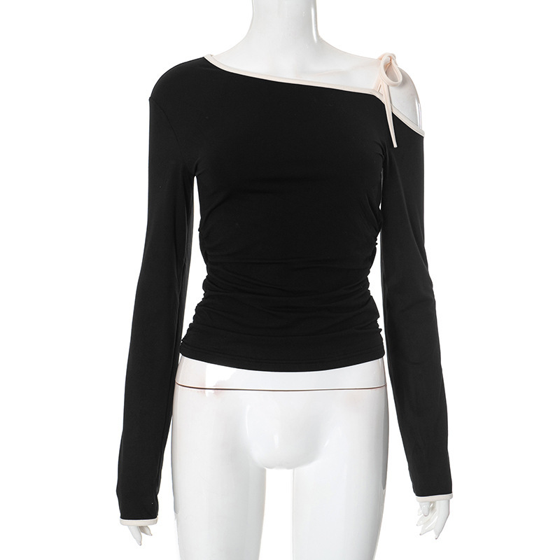 2025S Fashion Designer Y TP Women S Autumn And Winter Pullover Diagonal Collar Bow Tie Lace Up Off Shoulder Solid Color Short Top T Shirt