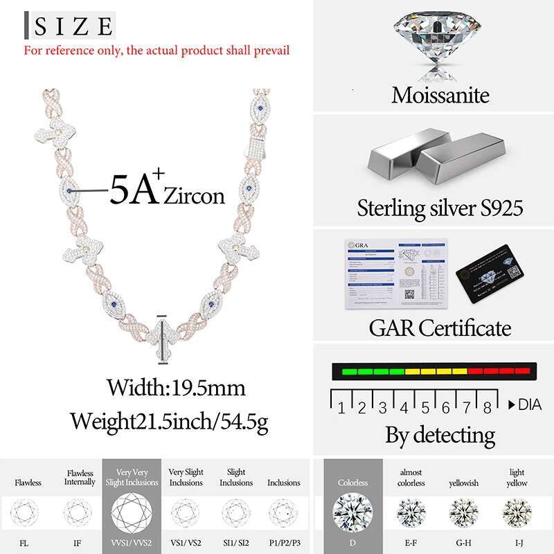 Unisex luxury Moissanite VVS1 Necklace Chain 925 Silver For Women Iced Out Chain Link Necklace Fine Hip Hop Jewelry