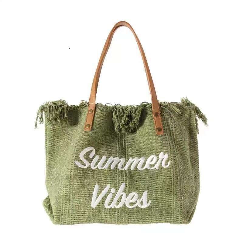 Bag, large capacity canvas embroidered letter tote handbag, women's woven beach bag, shoulder bag Bags