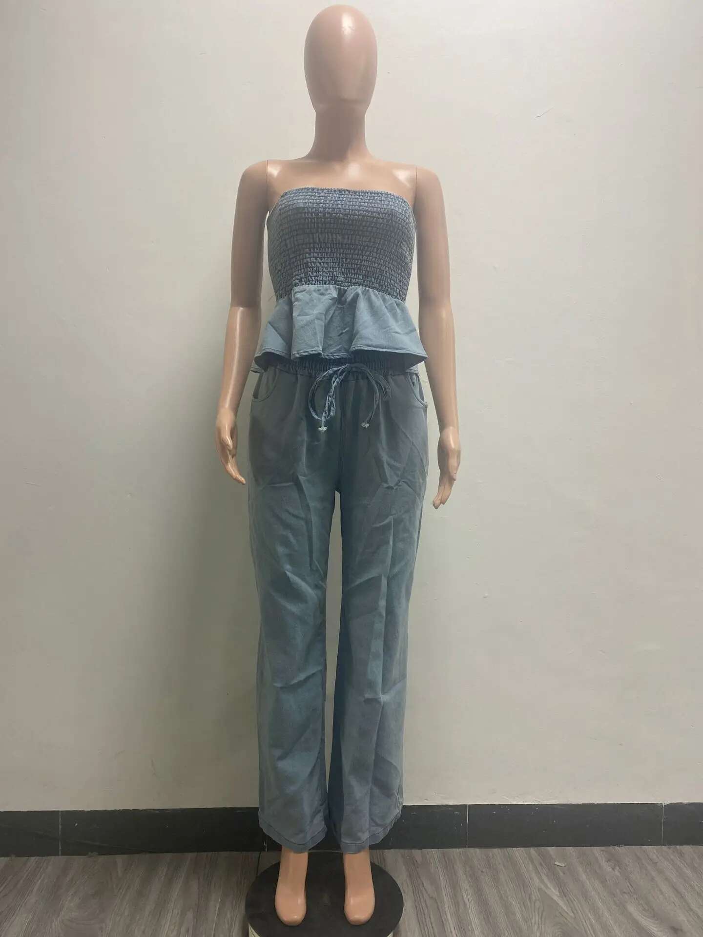 Jeans Wide Leg Pants Outfit Sexy Women Two Pieces Elegant Denim Club Matching Set Ruffles Top+Trousers