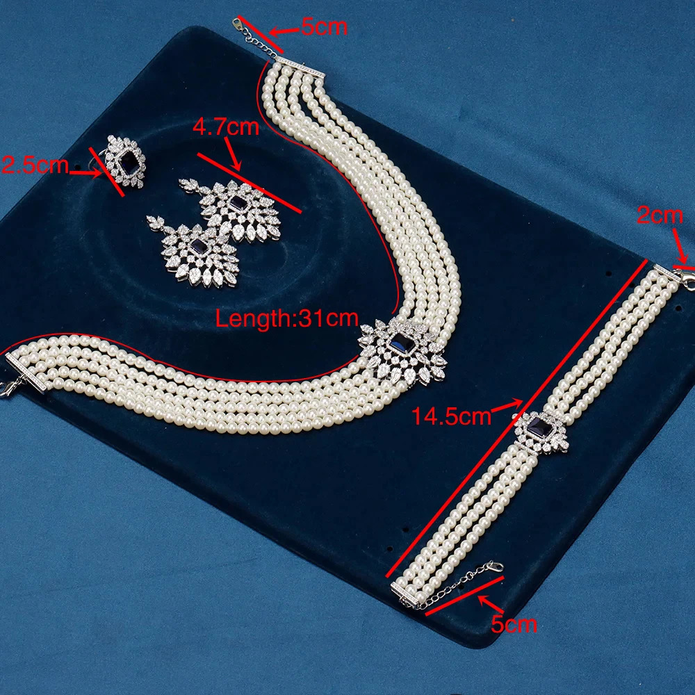 Gorgeous 5 Layered Imitation Pearl Choker with Planet Pendant Necklaces Bracelet Zircon 4PCS Jewelry Set for Women Wedding 250318