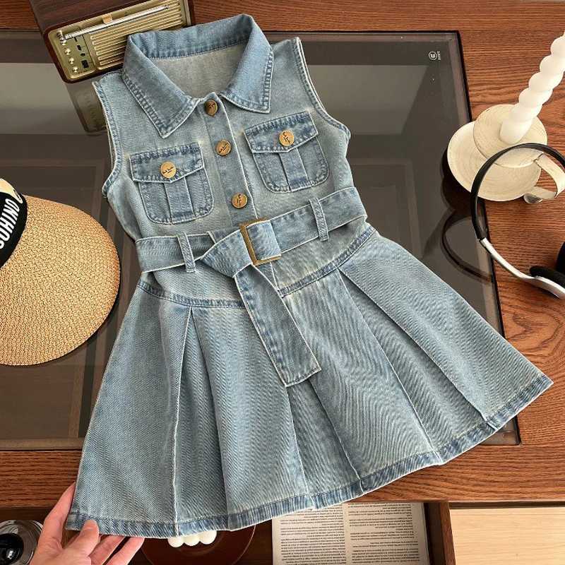 2024 Summer New Womens Cowboy Dress Belt Decoration Collar Sleeveless Tutu Princess Dress 2-10 Year Childrens Fashion Dress W250326