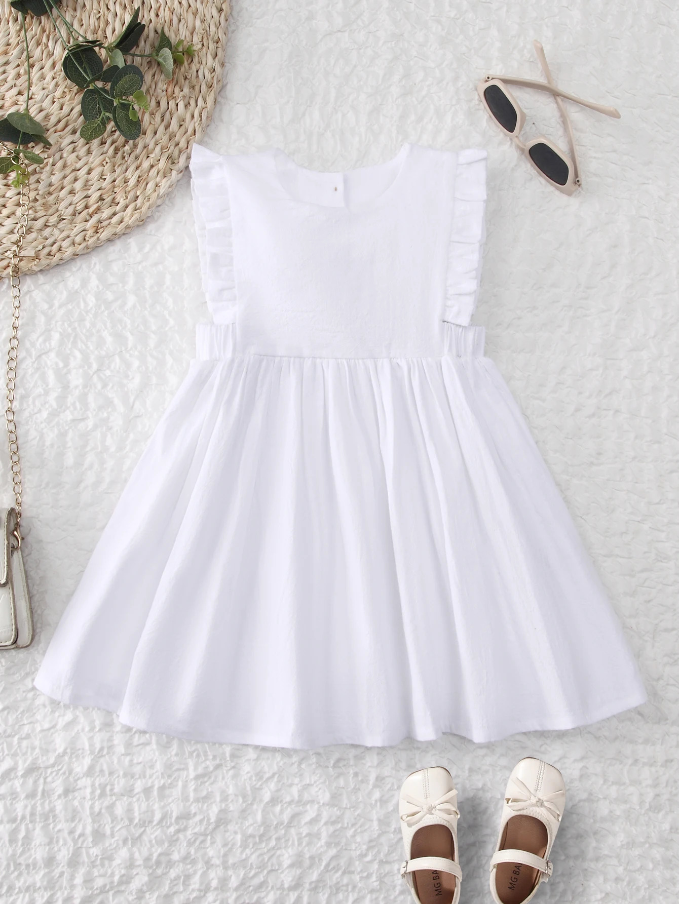 Summer Baby Girls Cute Dress Toddler Kids Cotton Linen Ruffle Sleeve Dress White 250326