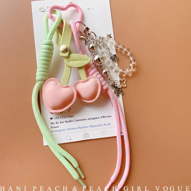 Pink Leather Cherry Braided Rope Backpack Keychain Fashion Acrylic Beaded Handbag Spring Lanyard Pendant Women Ornament Keyring 250325