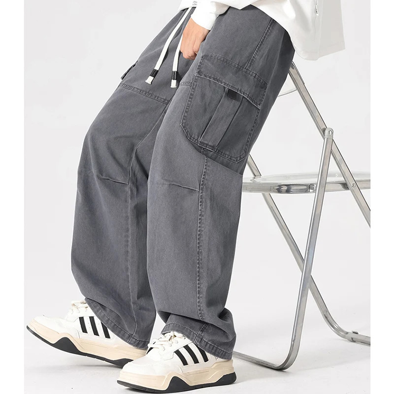 Loose Straight Cargo Pants Men Multi Pocket Fashion Casual High Street Pant Drawstring Spring Summer Korean Hip Hop Trousers 250321