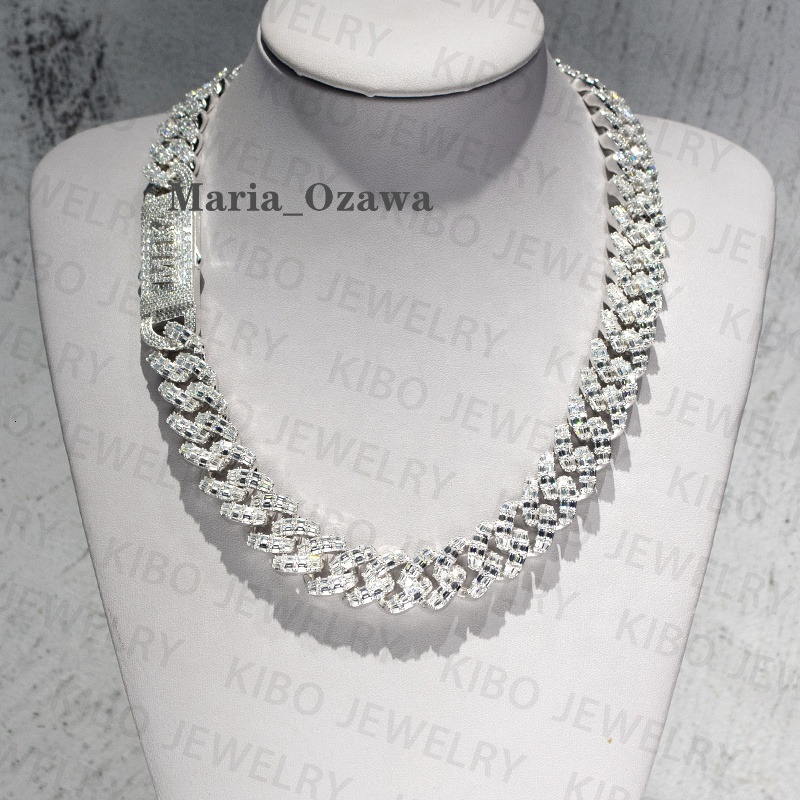 Baguette Cut 925 Silver Miami Vvs Moissanite Cuban Chain Past Diamond Tester Iced Out Men Hip Hop Cuban Link Necklace
