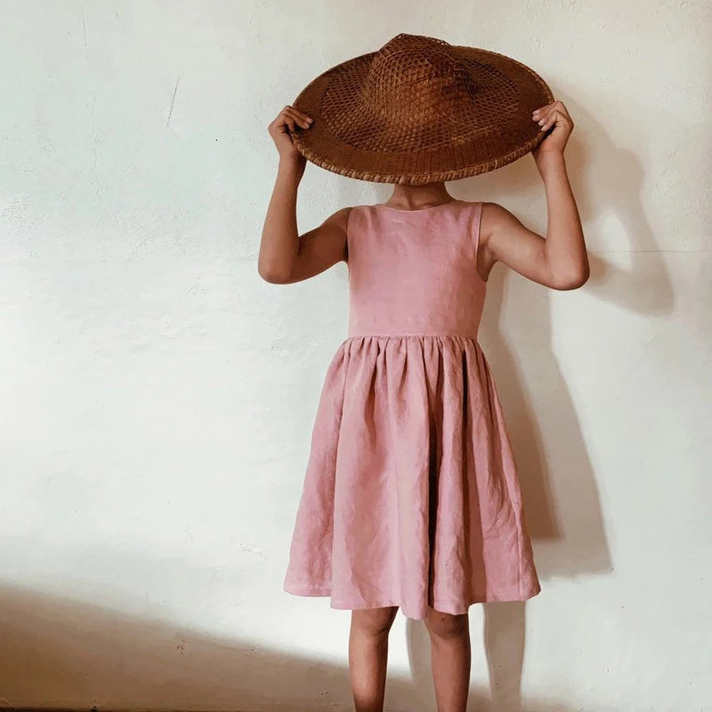 Girls Dress Summer Back Split Deep V-Neck Sleeveless Cotton And Linen Dresses TZ08 250326