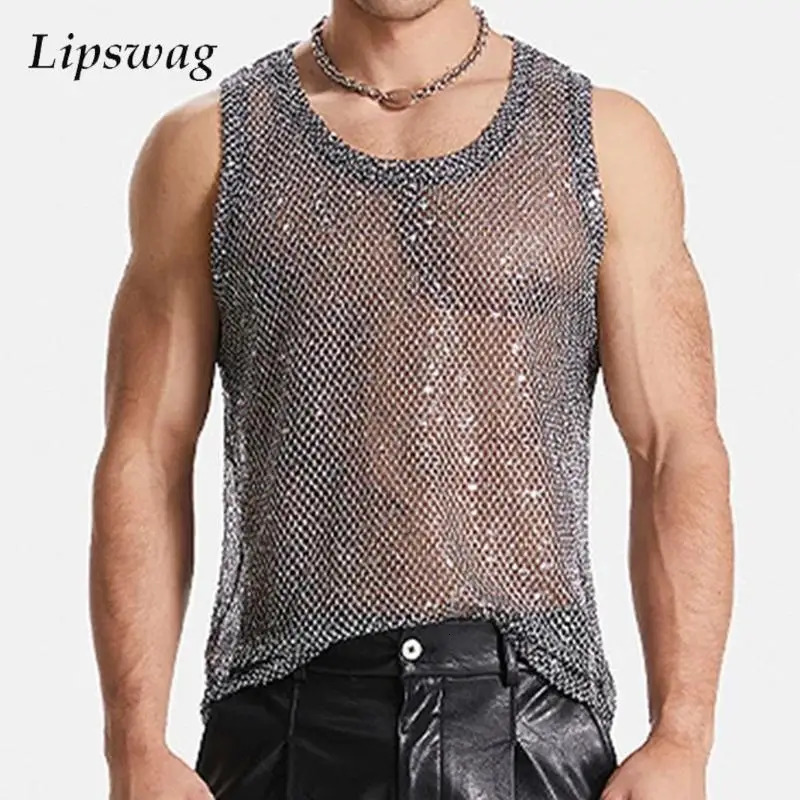 Nightclub Sexy Mens Tank Tops Mesh Sequin Glitter Hollow Out Transparent Vest Men Summer Fashionable Sleeveless Mesh Camisoles250324
