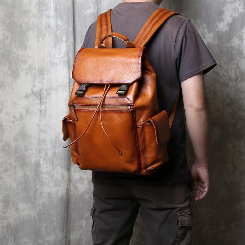 Solid Color High-Capacity Tree Cream Genuine Leather Backpack With Simple Drawstring Top Layer Cowhide 15 Inch Computer Bag