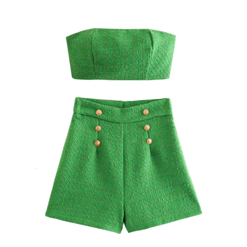 Summer new womens style strapless texture short vest+high waisted double breasted shorts set 210724