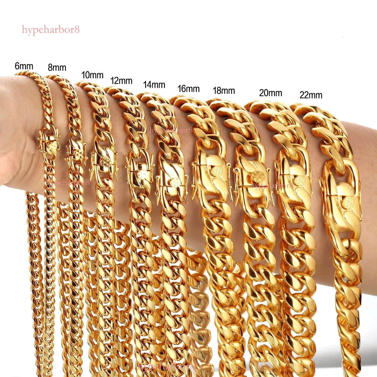 6-22mm Hip Hop Stainless Steel Miami Cuban k Chain Bib Clasp Mens Real Gold Plated Jewelry