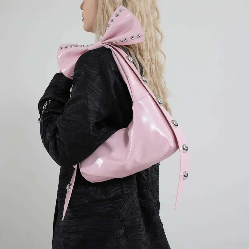 Bow Rivet Tote Red Black Motorcycle Y2k Punk Four Seasons Sexy Hot Girl Bag PU Shoulder Bags Zipper Crossbody Handbag