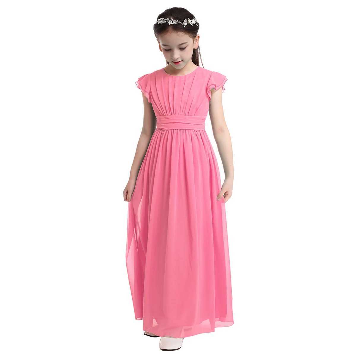Childrens princess summer dress with pleated sleeves floral chiffon dress for girls Pageant wedding Par dance dress long skirt W250326