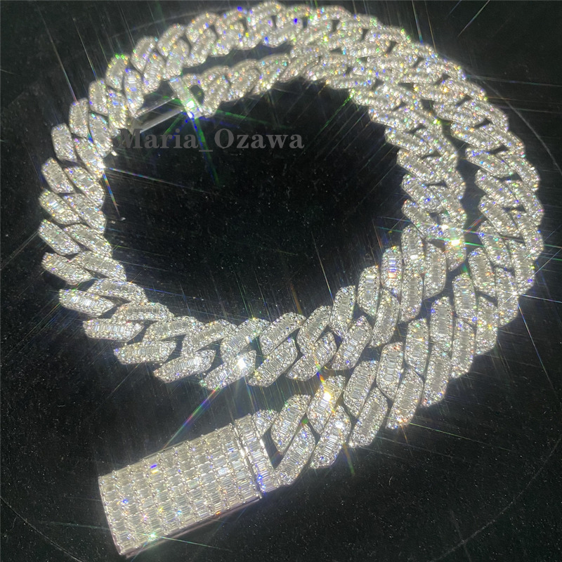 Custom 15mm Vvs Moissanite Baguette Diamond Thick Cuban Link Chain Iced Out Hip Hop Rapper 925 Silver Necklace Men Bracelet