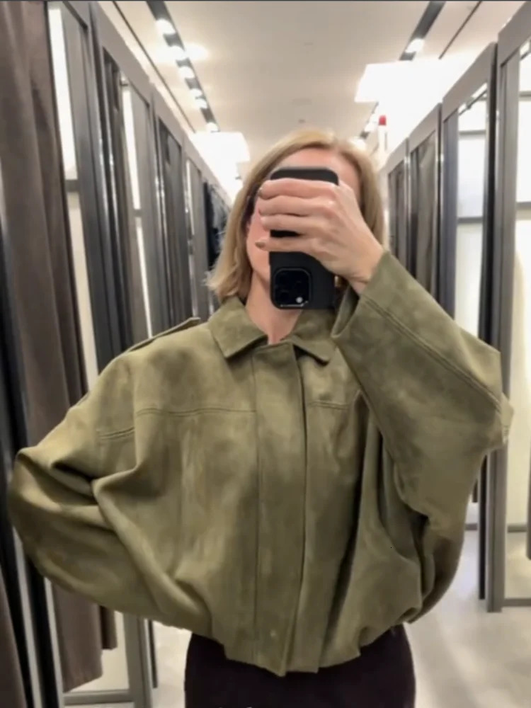 Suede Casual Jacket Women Zipper Turn-on Collar Oversized Long Sleeve Spring Coat Female Green Street Lady Outwear Tops 250321