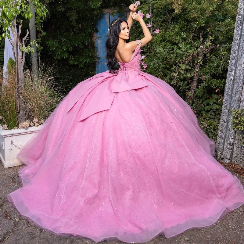 Pink Shiny Sweetheart Quinceanera Dresses Off the Shoulder Beads Bow Tull Ball Gown Sweet 16 Dress Gowns vestidos de 15 anos