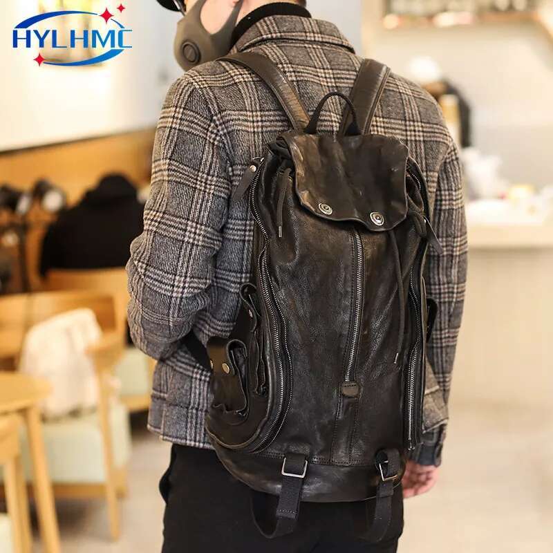 Men's Women Backpack Zipper Retro Old Leather Shoulder School Bag Fashion Dark Wind Soft Youth Black Travel Backpacks